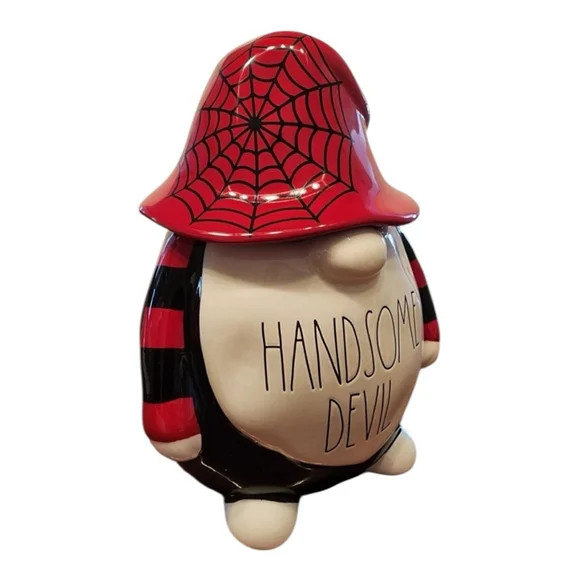 Rae Dunn Halloween Handsome Devil Gnome Canister 10 x 7.5’ Red Black - Picture 4 of 5